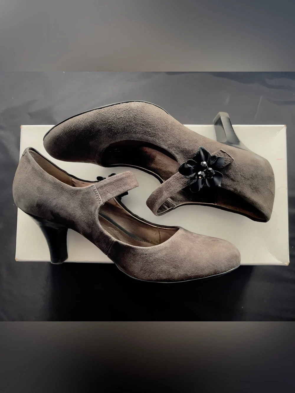 Sofft Taupe Suede Mary Jane Heels with Black Floral Accent